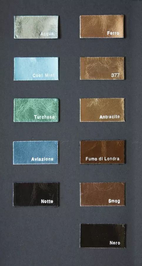 Cartella colori Brotinart con lamina parziale in blu, turchese, antracite, nero e grigio. Texture moderne per pelle.