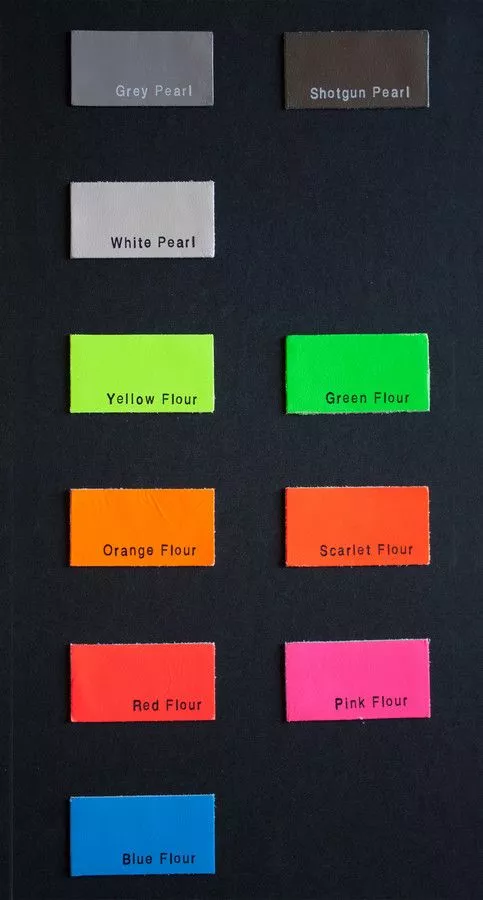 Colori fluo Brotinart con lamina T-Foil: yellow flour, green flour, red flour, pink flour, blue flour, grey pearl e shotgun pearl.