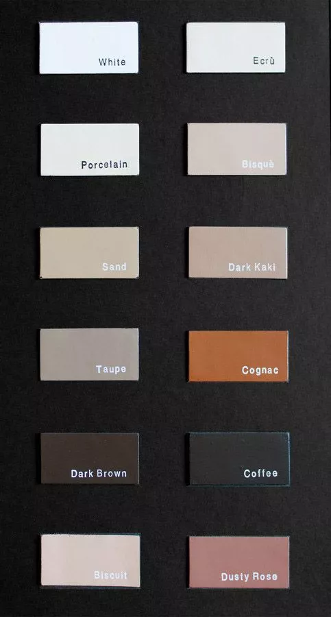 Campione colori Brotinart con lamina T-Foil: tonalità naturali come white, sand, taupe, dark brown, biscuit e dusty rose.