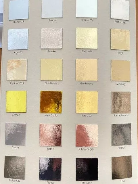 Cartella colori lamina totale Brotinart con oro, platino, miele, rame rosato, new giallo, oro 702, champagne, beige silk, pietra e TDM.