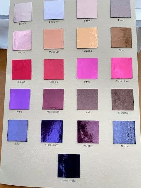 Campionario Brotinart con lamina totale: rosa cipria, fucsia, ciclamino, prugna, viola scuro, notte e tonalità makeup e barbie.